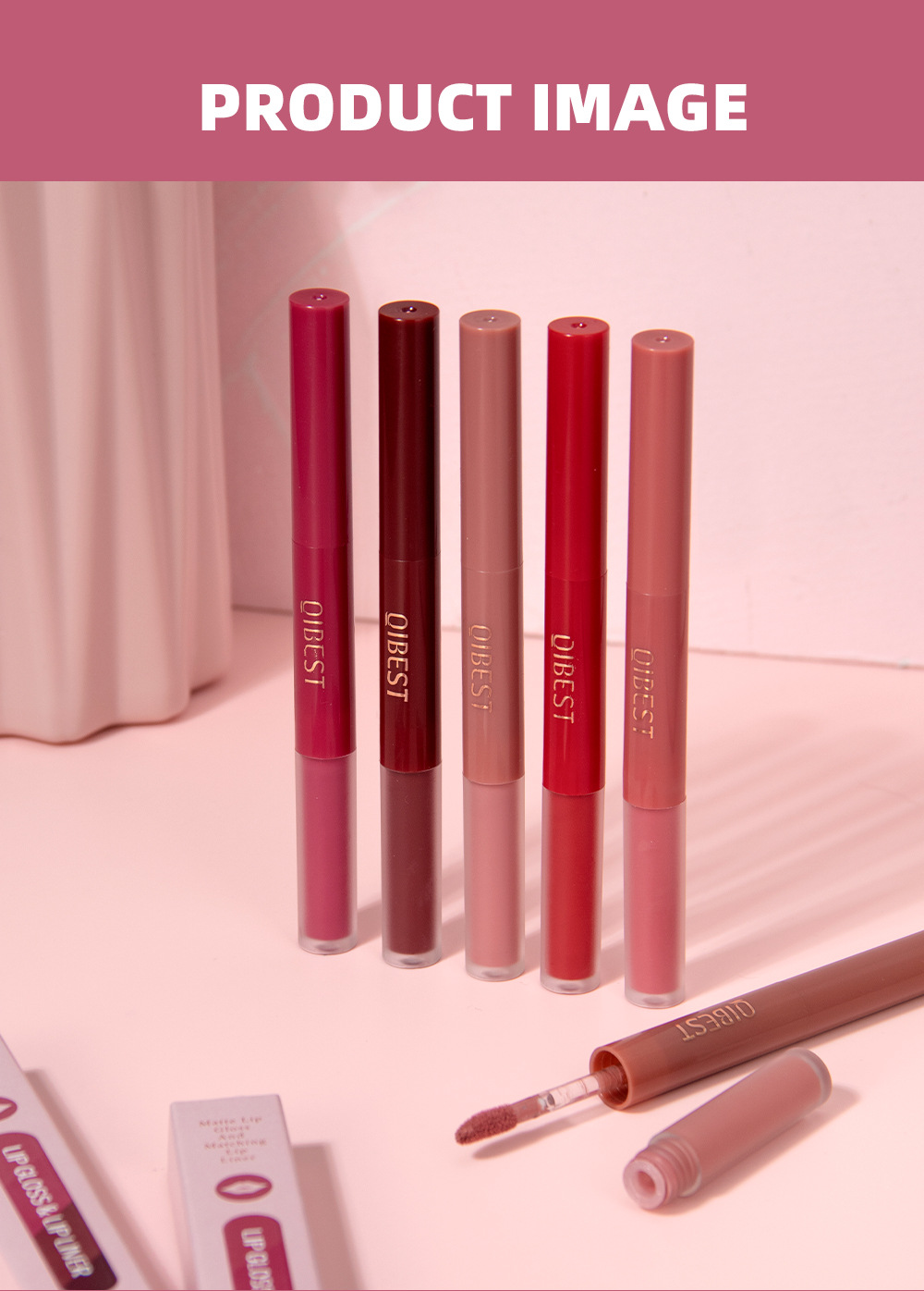 QIBEST Cross-border Two-in-one Lip Gloss and Lip Liner Pen Waterproof matte Velvet Non-smudging Double-head Lip gloss Set wholesale undefined