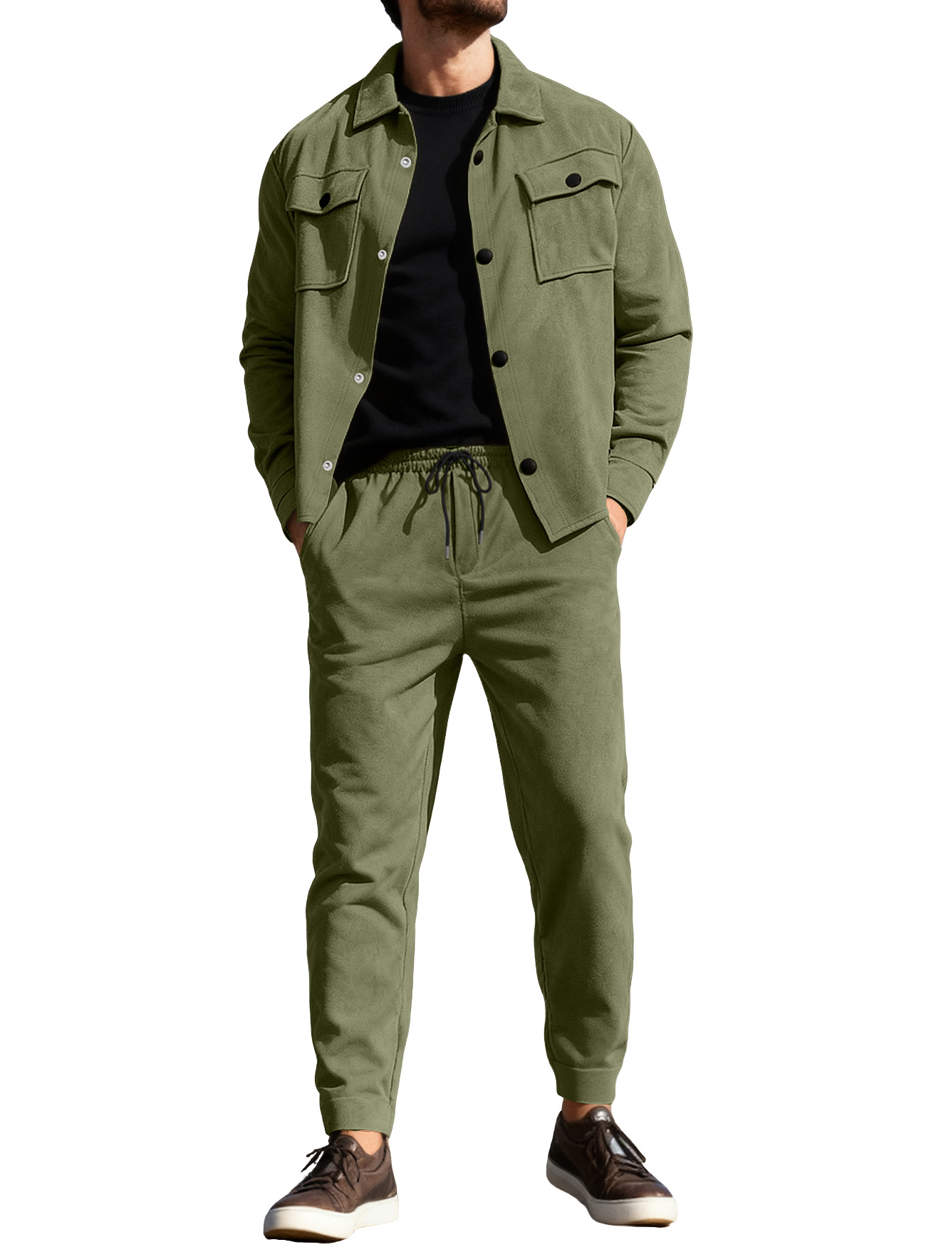 Nuevo transfronterizo Europa y América Amazon TK estilo americano pesado chaqueta casual de hombre pantalones casuales de piel de seda de color sólido conjunto