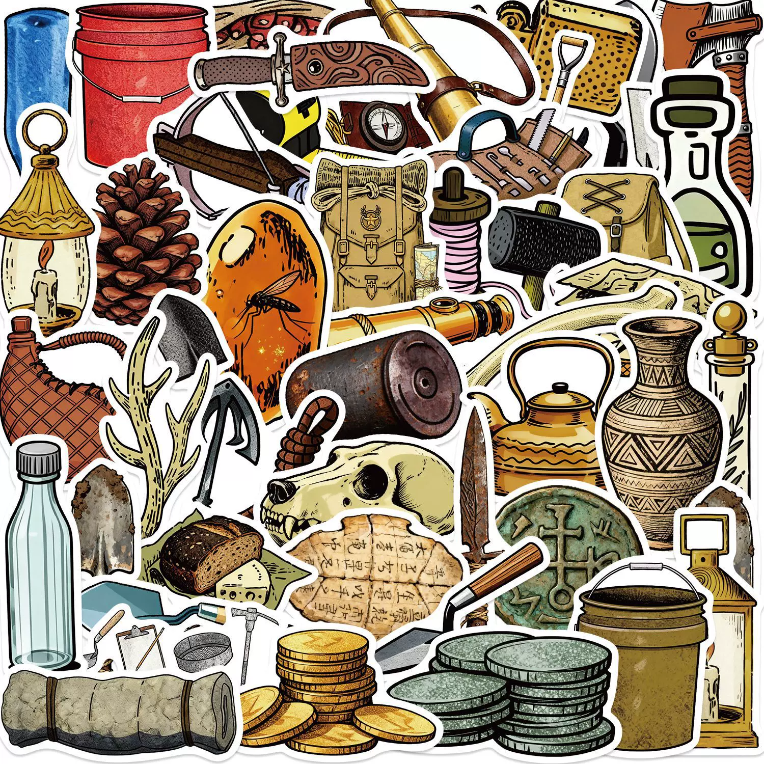 50张卡通复古考古工具原创跨境贴纸DIY装饰手机笔记本防水PVC贴纸