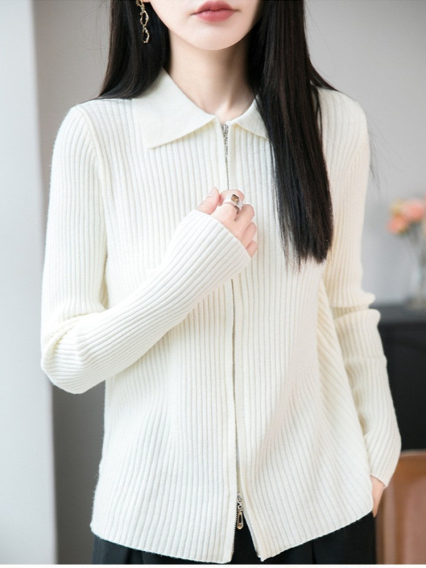 设计感双拉链针织开衫女翻领毛衣外套春秋修身显瘦长袖衬衫领上衣|undefined