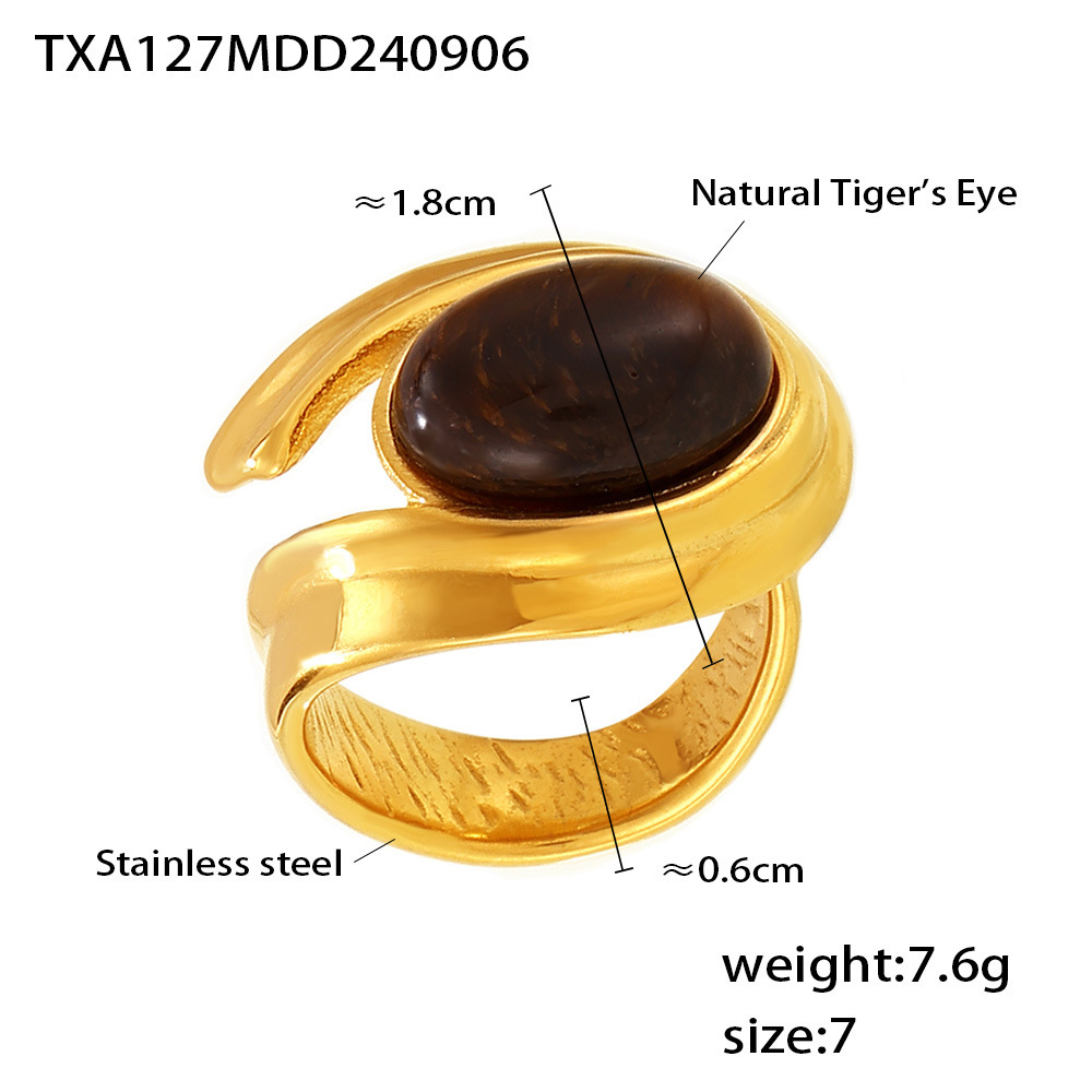 European And American Retro Natural Tiger Eye Stone C-shaped Earrings With Open Ring Stainless Steel PVD Plated Maillard Jewelry_voghion.com