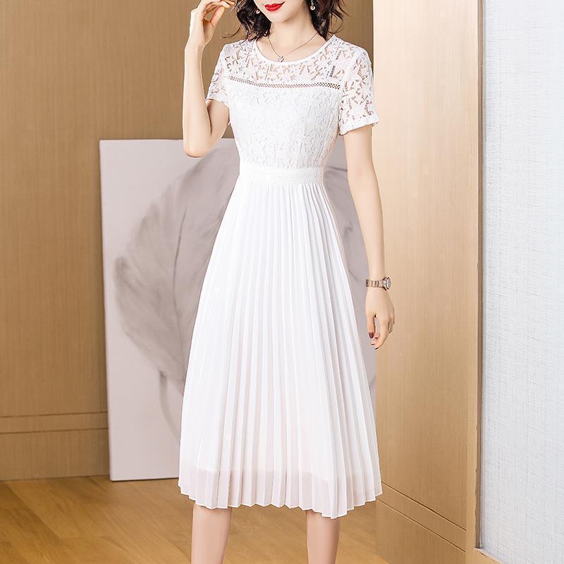 Plus Size Lace Dress Women's Summer Dress 2025 New White Chiffon Large Hem Pleated Skirt Elegant Fairy Long Skirt
