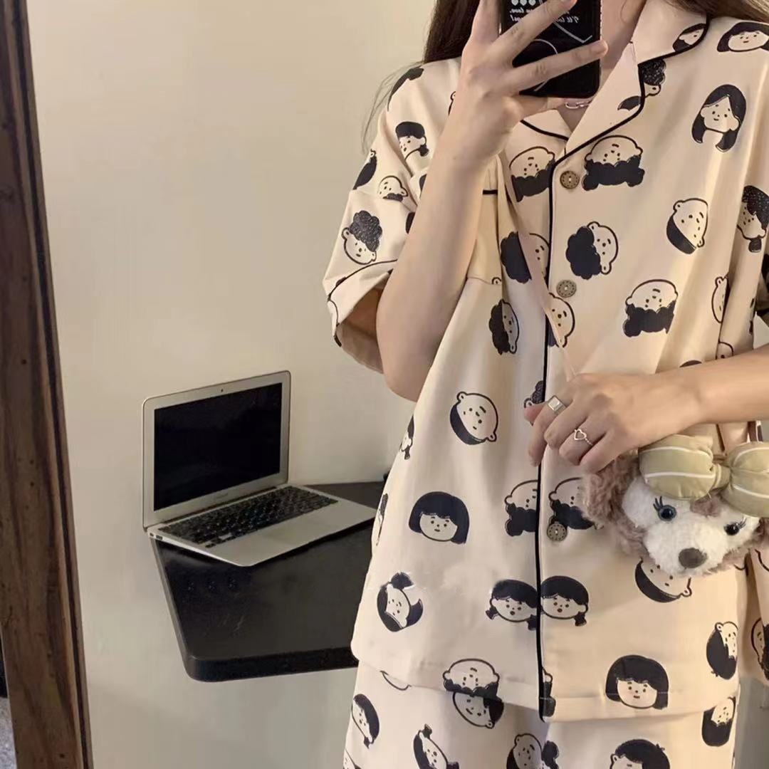 Ins清新パジャマ女性夏半袖半ズボン韓国風カーディガン大サイズ韓国風日本式ホームウェア2点セット