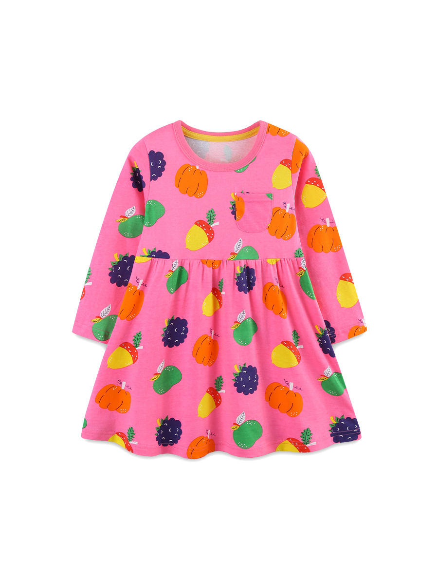 Otoño nuevo producto vestido de manga larga para niñas estilo europeo y americano estampado de dibujos animados vestido de princesa para niños vestido de algodón de punto cuello redondo para niños