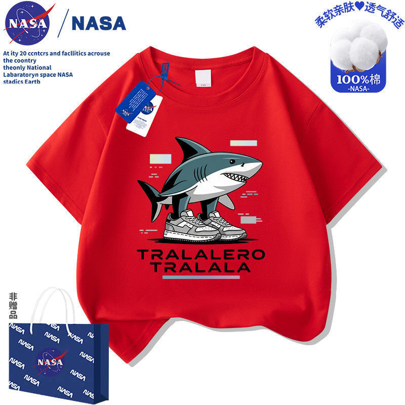 NASA 山海経 子供用 アメリカン半袖Tシャツ ウッドスティックマン 男女兼用 子供服 シューズ シャークプリント トップス|undefined