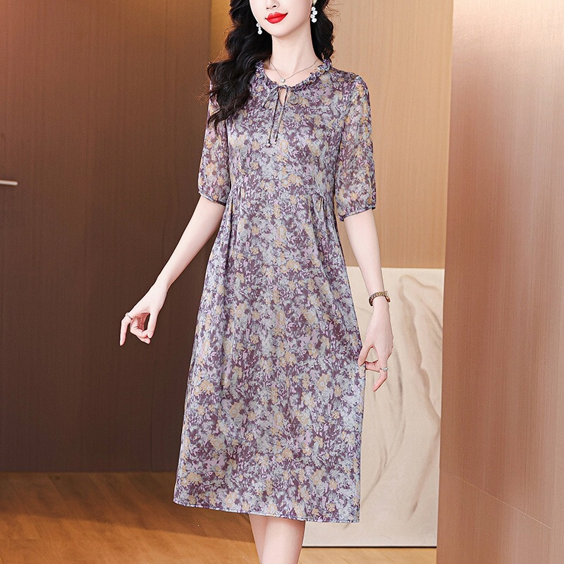 Hangzhou Famous Brand Silk Mulberry Silk Dress 2026 New Model International Big Brand Dress for Petite Middle-Aged and Elderly Mothers