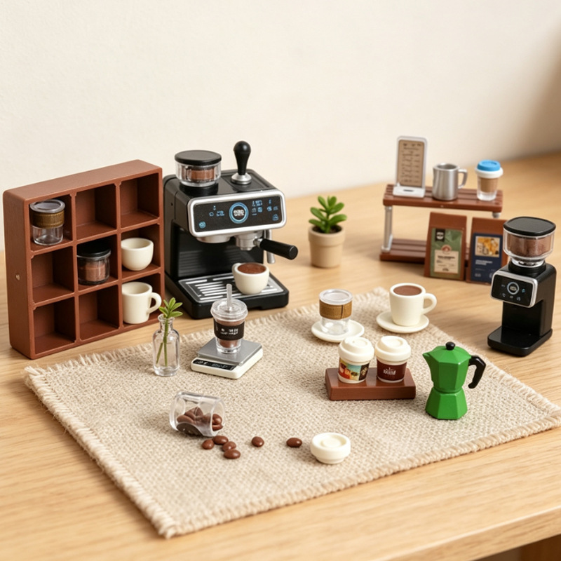 Miniature simulated coffee machine model, miniature scene decoration, pocket-sized pretend play toy prop, stress-relief assembly toy, cross-border