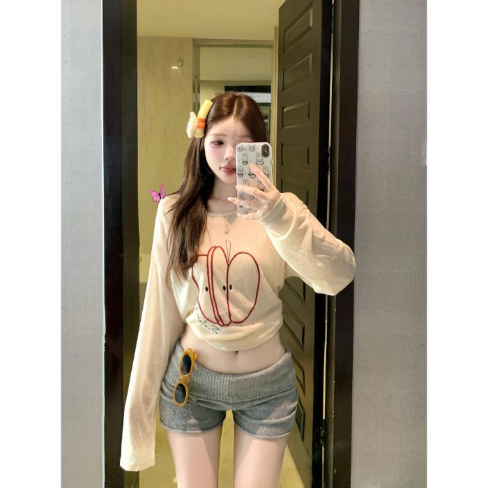 【工厂直销】美式复古罩衫苹果刺绣长袖t恤女宽松防晒慵懒风上衣|undefined