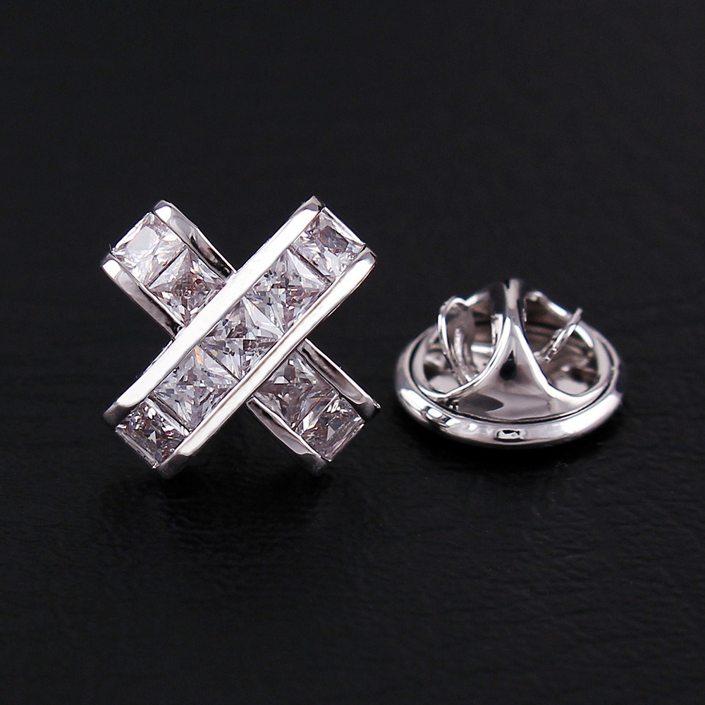 时尚十字男士胸针高级小领针微镶锆石高档胸花防走光扣批发