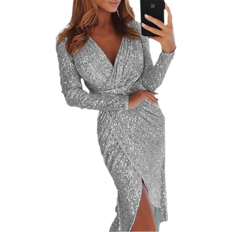 2025 Amazon European and American New Style Women's Gold Foil Long-Sleeve V-Neck Shiny Dress Evening Sexy Dress