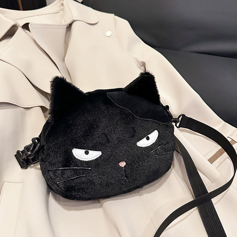 Cartoon Plush Black Cat Crossbody Bag for Women 2025 Spring New Cute Shoulder Bag Ugly Girl Mobile Phone Bag