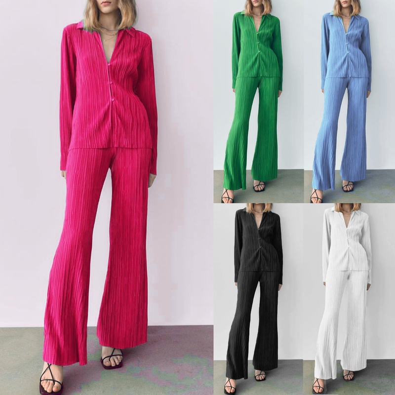 Foreign trade spring and summer solid color suit new single-breasted Shirt long sleeve lapel cardigan trousers pajamas two-piece SU23