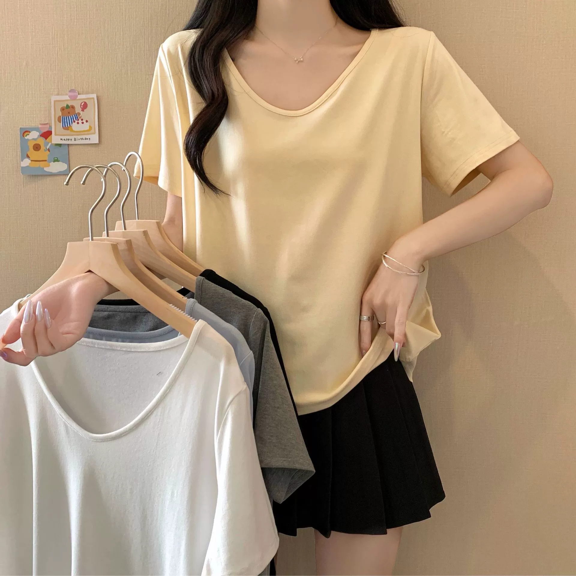 2025大码女装春夏新款基础百搭纯色短袖T恤上衣3125蓝色黄色花灰