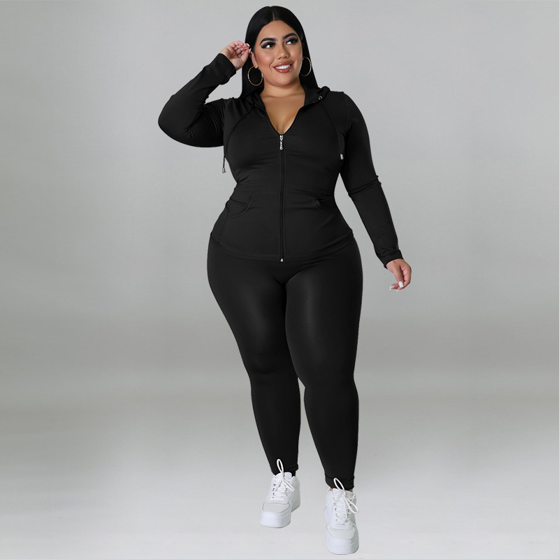 Plus Size Women's Clothing Solid Color Hooded Long Sleeve Fashion Casual Set Autumn Wear_ecoleips.com