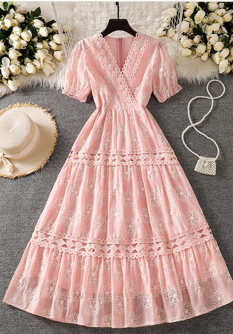 Đầm maxi nữ tay bồng ren hoa V cut-out phong cách Pháp cung đình — xanh lam, màu hồng, màu mơ chi tiết 49