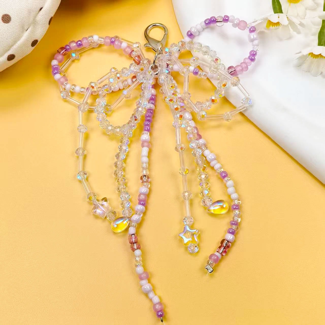 创意少女水晶大蝴蝶结手工编珠钥匙扣手机链可爱书包挂件车钥匙扣