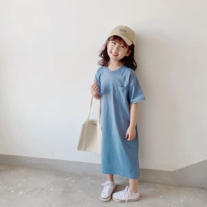 BOBOKIDS Весеннее летнее японское однотонное платье 2021 года свободный крой короткий рукав семейный стиль