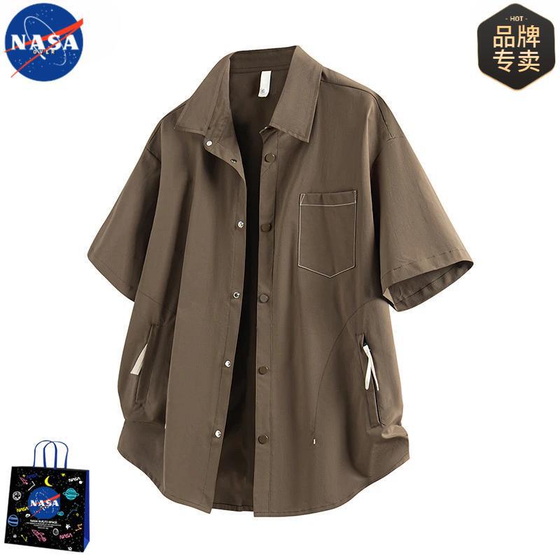 NASA Short-sleeved Shirt Men's Hong Kong Style Retro Youth Zipper Pocket Design Sense Niche Vibe Style Duffy Handsome Shirt