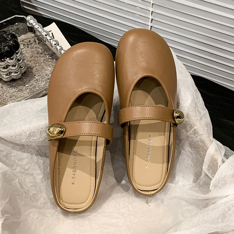 2025 новый весенний летний ретро дикий с круглой головкой с плоским дном, полутолка с мягкой кожей, удобный дикий с женским шлепанцем