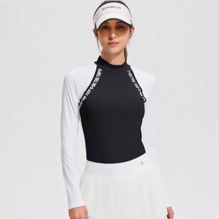 Coloque de medio cuello alto, camiseta de golf de manga larga, delgada, transpirable, curva de corrida de verano, deportes al aire libre de alta elasticidad para mujeres.