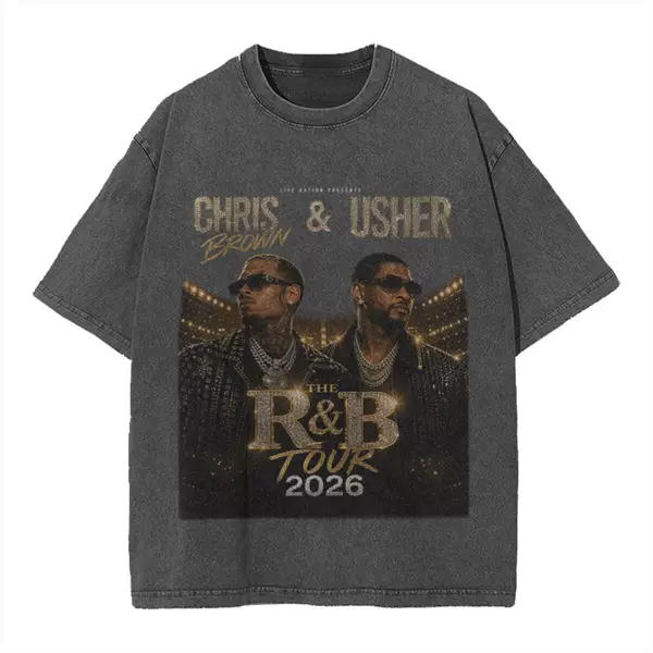 Digital Direct Printing R&B Tour 2026 Printed American Retro T-Shirt Export Hip-Hop Trendy Washed Short-Sleeve Shirt