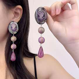 炫彩紫色巴洛克珍珠耳钉小众复古设计流光珠美人头像耳环水滴耳饰