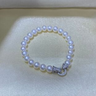 7-8mm Natural Freshwater Round Strong Light Flaw Pearl Bracelet Full String Women's Retro Fine S925 Sterling Silver