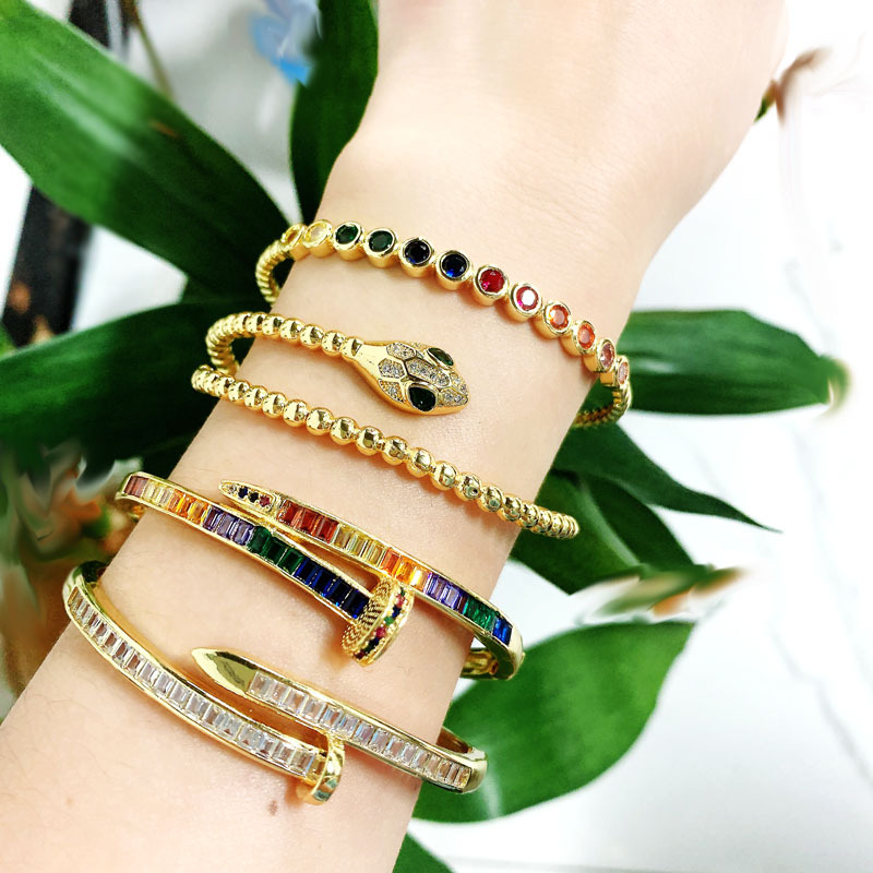 Colored Zircon Nail Exaggerated Animal Snake Head Open-End Bangle Bracelet