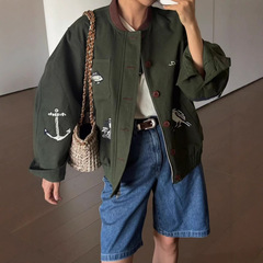 法式小众25年早秋新款灯芯绒衣领渔船刺绣棒球工装休闲夹克外套女