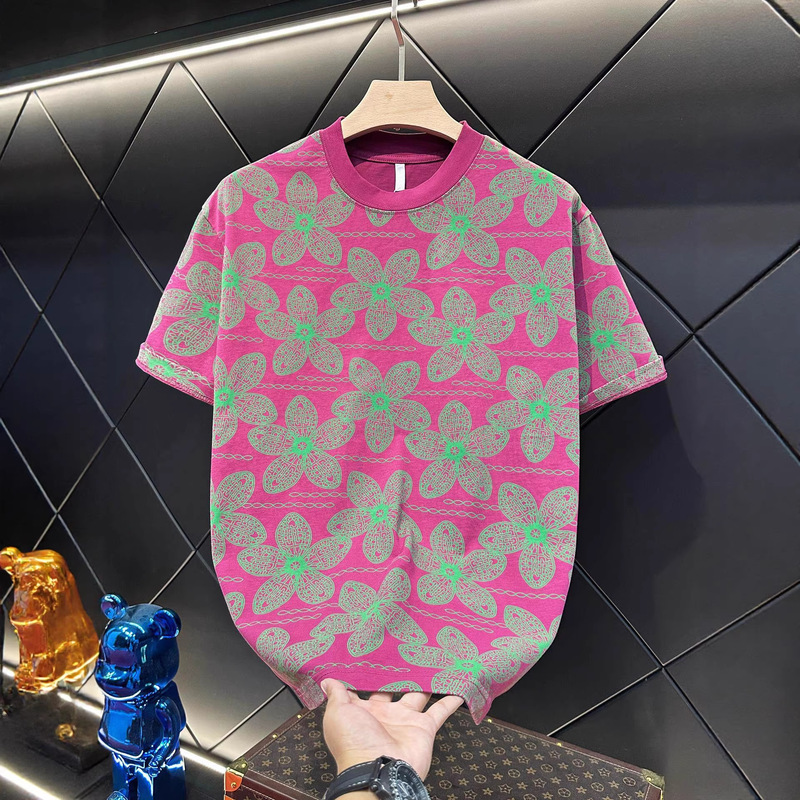 Summer new men's stylish designer T-shirt with contrasting color and full floral print, round neck, short sleeve, fashionable top