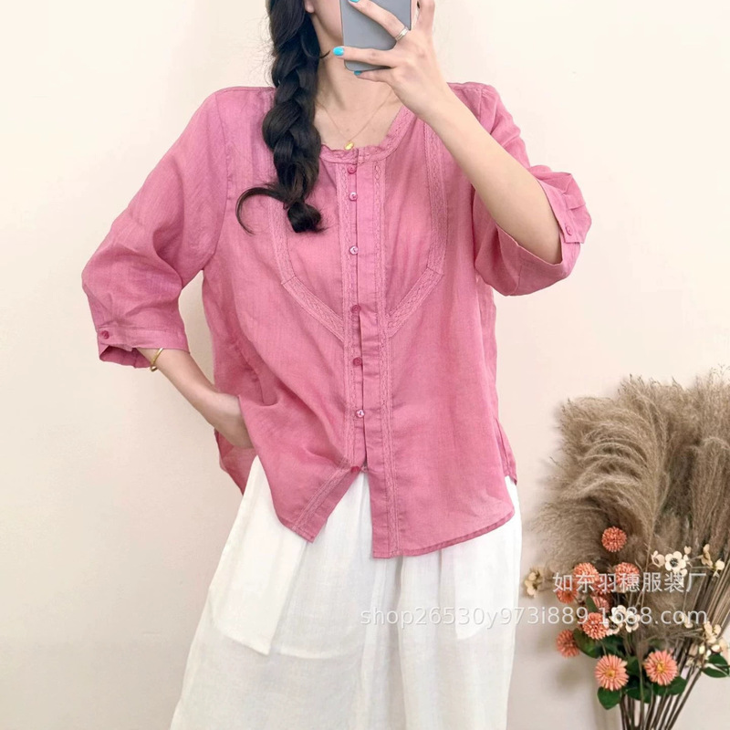 Summer Lightweight Breathable Pure Ramie Sun Protection Shirt for Women, Artistic Retro Loose Versatile Solid Color Three-Quarter Sleeve Top H3