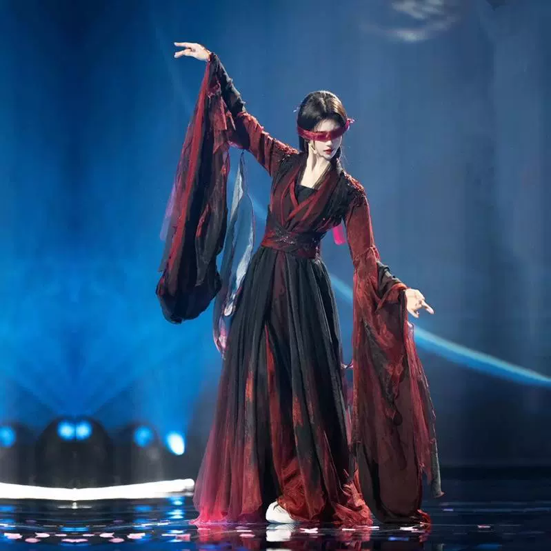 Оригинальный ханьфу Jue Jingyi с черно-красной юбкой с большим подолом, сказочный и элегантный наряд для классического танца.