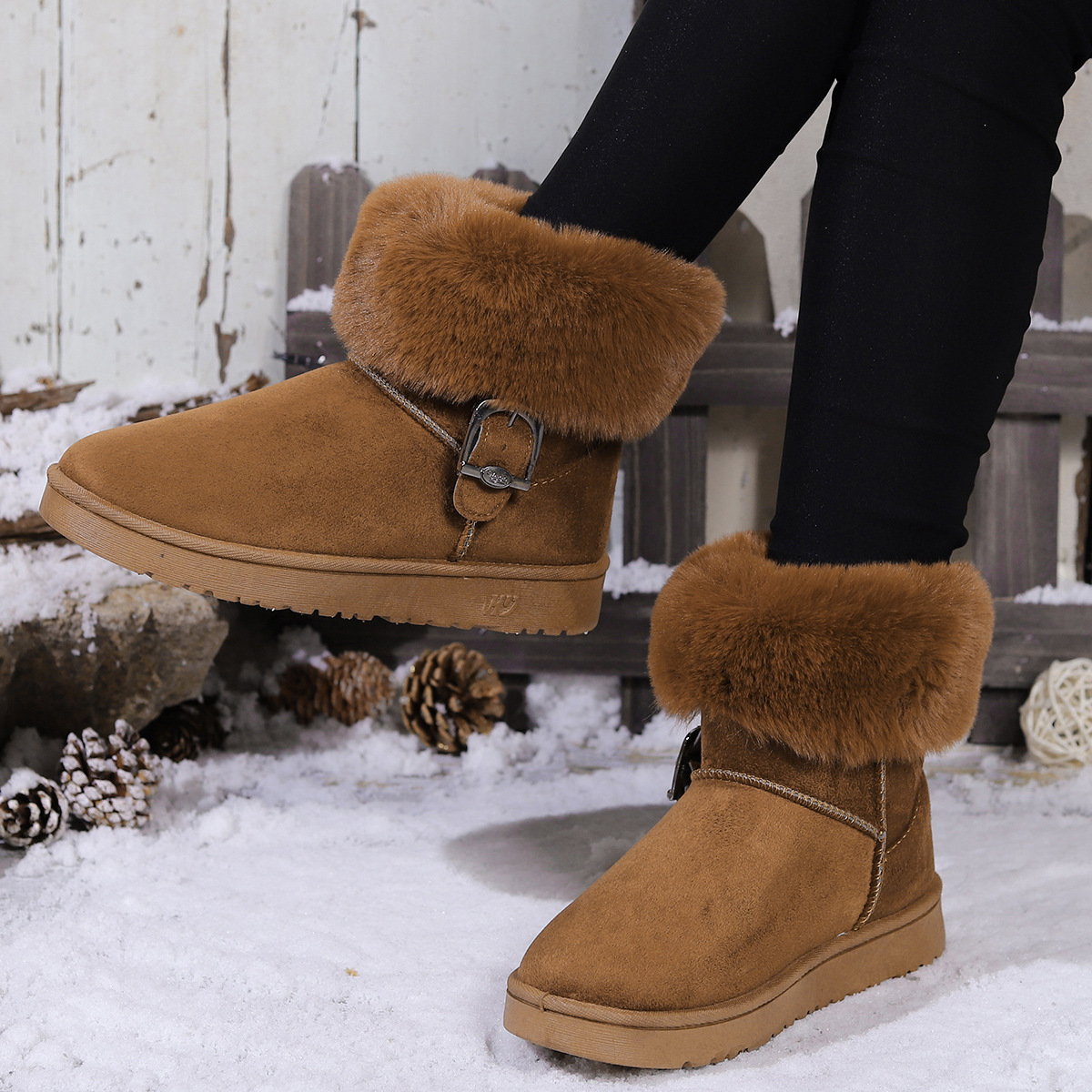 2023 de espesor talón plano de invierno de fondo plano forrado de lana de algodón acolchado noreste Comercio exterior botas de nieve transfronterizas para las mujeres