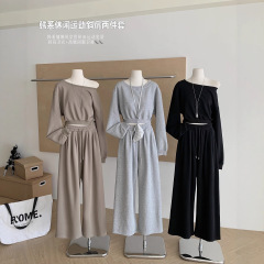 露肩宽松卫衣运动套装女一字肩长袖上衣辣妹长款阔腿裤秋冬一整套