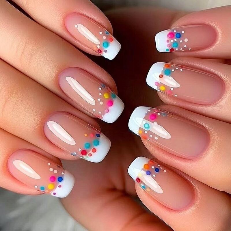 Cross-Border Hot-Selling Square Fake Nails Winter Hot Style White Edge Colorful Dot Wearable Nails Removable Fake Nails Wholesale