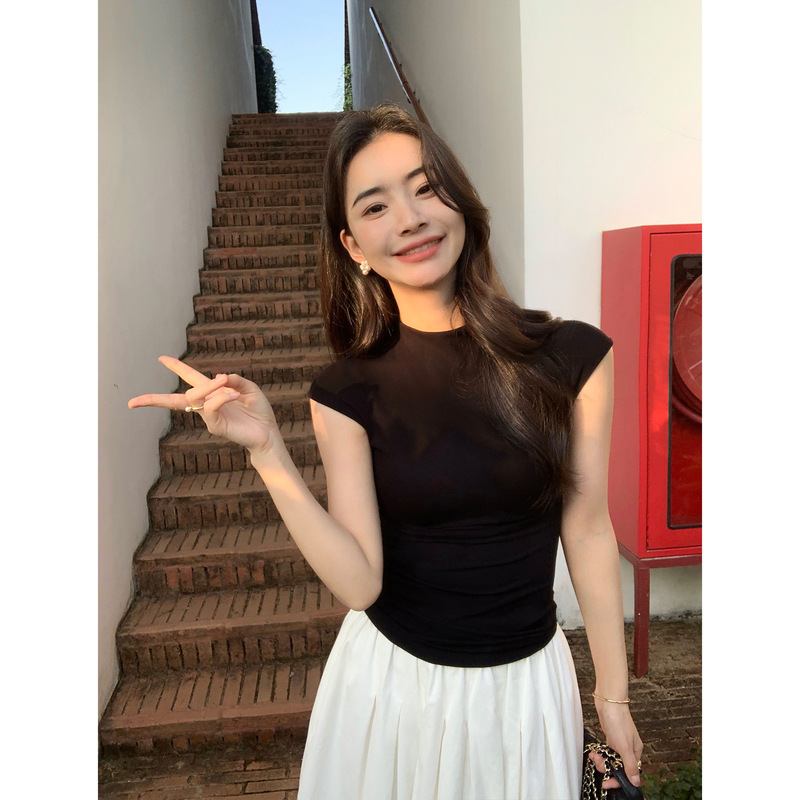 pusumede 黑色半高领小飞袖T恤女短袖修身显瘦气质内搭针织上衣|undefined