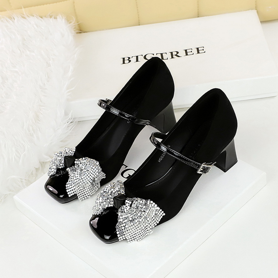 Mary Jane Heels Women's Square Toe Rhinestone Bow Chunky Shoes_voghion.com
