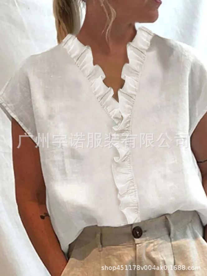 Amazon deseo AliExpress 2023 nuevas mujeres europeas y americanas de algodón y lino encaje costura manga corta Camisa casual