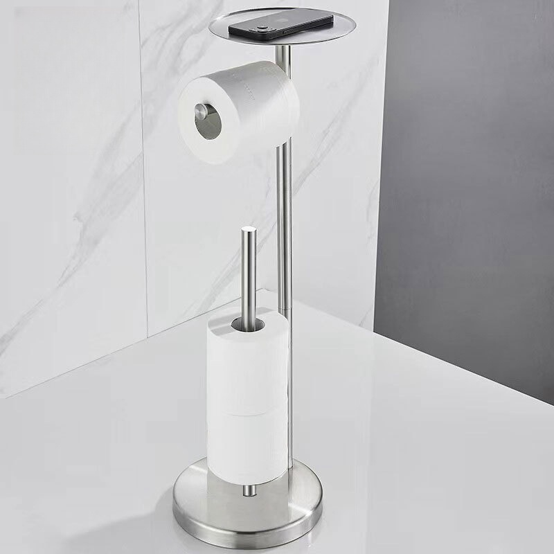 Cross-border tissue holder bathroom toilet paper roll storage rack with mobile phone holder stainless steel floor drawing toilet paper standing type