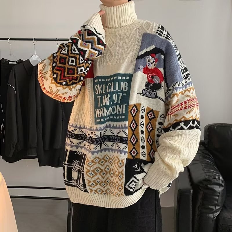 Christmas Turtleneck Sweater for Men and Women, Autumn and Winter American College Style, Fleece-Lined and Thickened, Couple's Knitwear, Loose and Versatile, Trendy Christmas Turtleneck Sweater for Men and Women, Autumn and Winter American College Style, Fleece-Lined and Thickened, Couple's Knitwear, Loose and Versatile, Trendy