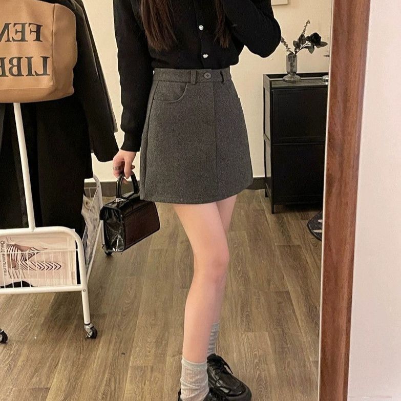咖色毛呢半身裙女秋冬新款休闲百搭气质短裙高腰显瘦学院风a字裙|undefined