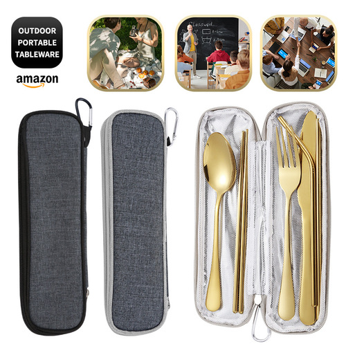 Outdoor tableware set, stainless steel knife, fork, spoon, chopsticks and straws, eight-piece set, cross-border mountaineering and camping portable tableware bag
