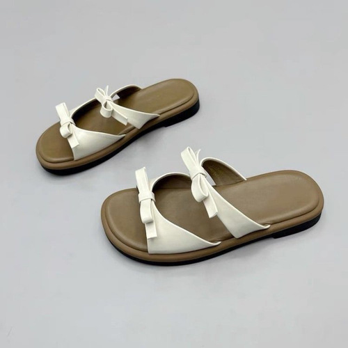 Bow tie flat slippers for women's summer wear 2026 new fashionable all-matching open-toe single-string sandals women's shoes