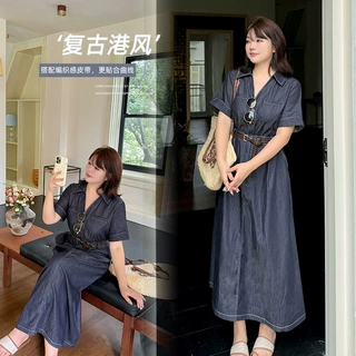 大码女装复古港风收腰显瘦夏季新款翻领腰带牛仔连衣裙242809