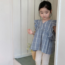 童装上衣2023夏季新款韩版女童格子花边女宝娃娃衫（不退换）