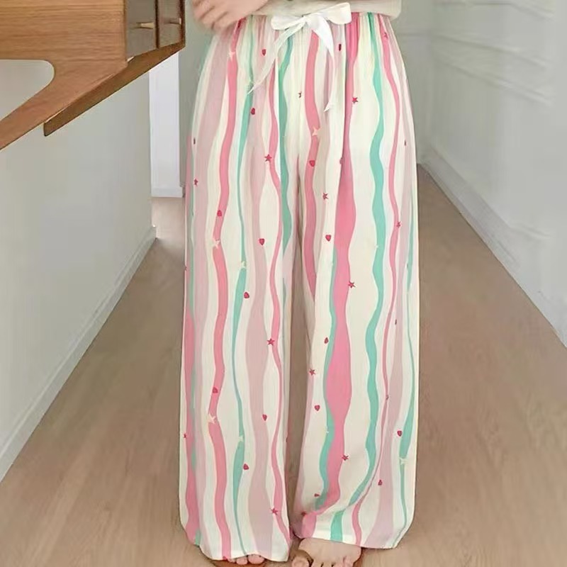 Pijama de seda de algodón para mujer, pantalones anchos de mujer embarazada de seda de algodón con estampado fino de verano