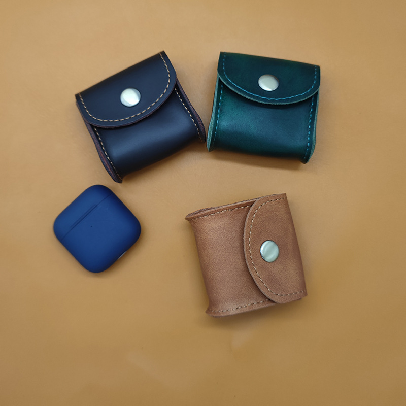 Cowhide Leather Bluetooth Earphone Storage Bag, Compact Portable Earphone Case, Mini Earphone Pouch, Vintage Style Bag