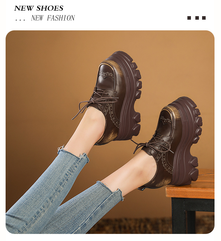 Giày sneaker nữ đế dày phong cách Anh quốc cổ điển, dây buộc, gót 12 cm — màu nâu chi tiết 8