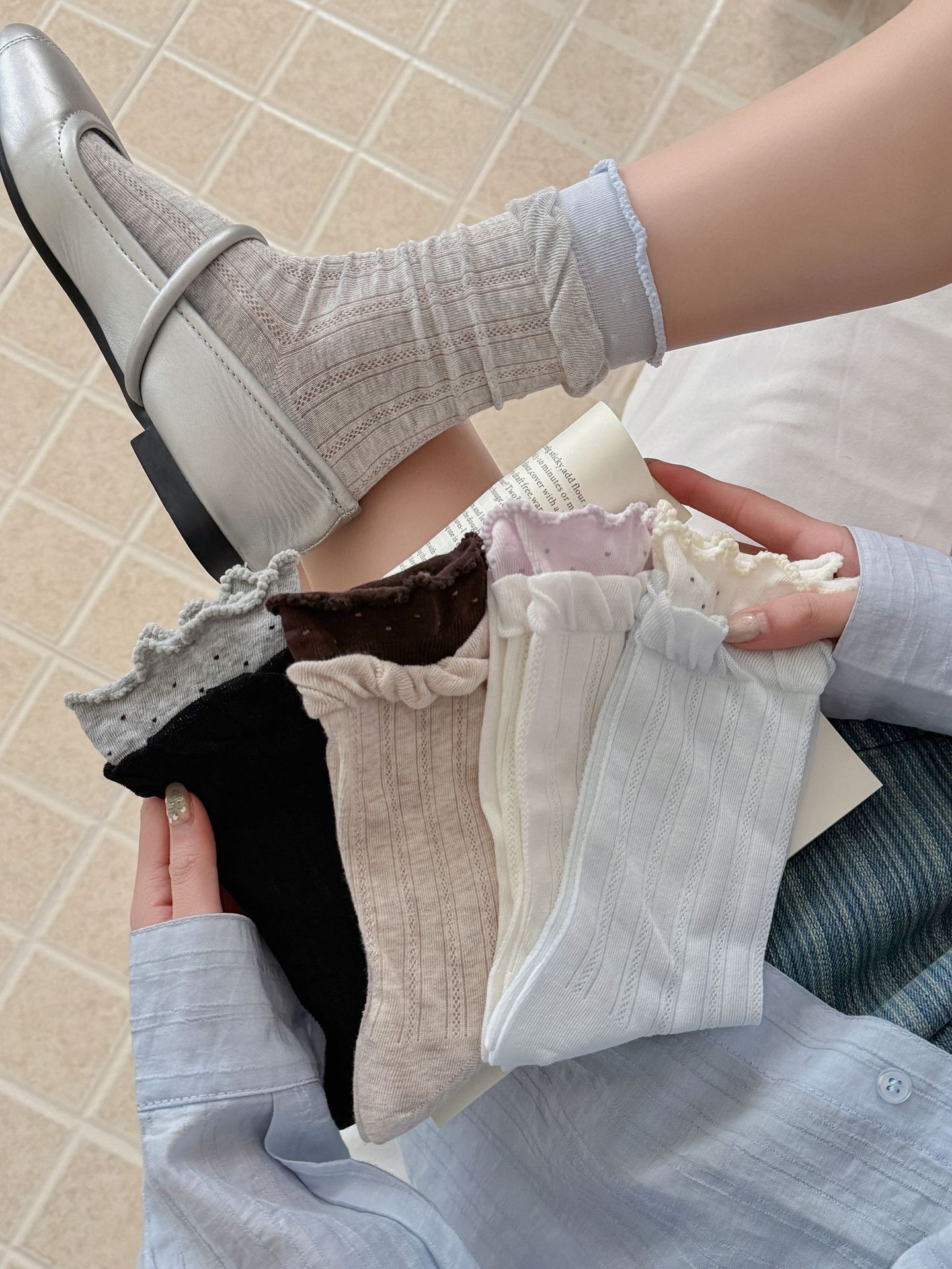 Vintage Cottagecore Pointelle Ribbed Cotton Double Layer Ruffle Crew Socks For Romantic Mori Girl Outfits Detail View 2