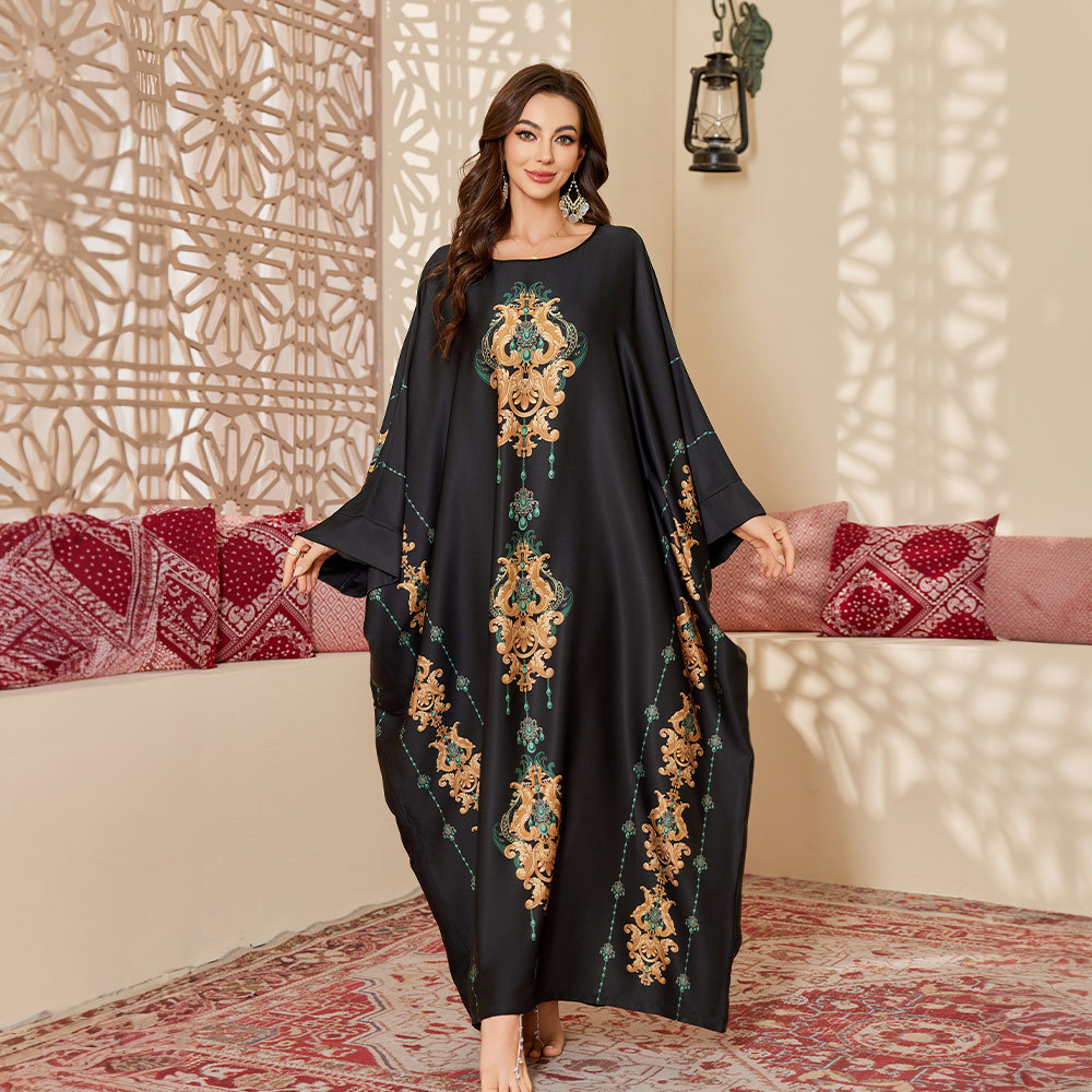 Yaoting transfronterizo nuevo pijama de tamaño grande para mujeres primavera y otoño estilo medio-oriental satén gorgeoso camisa impresa larga bata DP3399